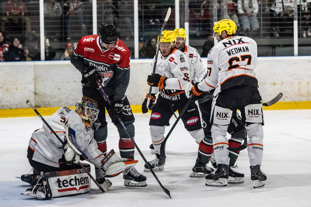 Matthew Wedman (Loewen Frankfurt, 67), Maksim Matushkin (Loewen Frankfurt, 52) unterstuetzen Cody Brenner (Loewen Frankfurt, 51) Koelner Haie vs. Dresdner Eisloewen, Eishockey, Penny DEL, Spieltag 19, 2025 2026, 16.11.2025 Koelner Haie (KEC) vs. Dresdner Eisloewen, Eishockey, Penny DEL, Spieltag 19, 2025 2026, 16.11.2025 Koeln Copyright: xEibner-Pressefoto GerhardxWingenderx EP_GWR