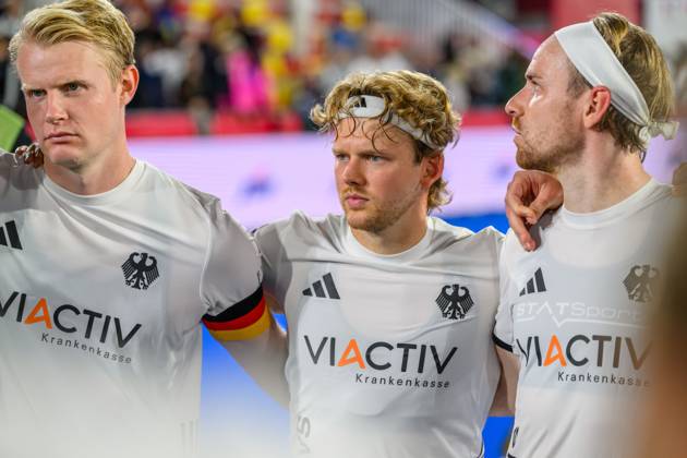 Wavre, 28-08-2026, Belfius Hockey Arena, FIH Hockey World Cup 2026 Men, 2026. Tom Grambusch, Thies Prinz and Christopher Rühr after the game Germany - Argentina (men). Germany - Argentina (men)  x206154906x Copyright: