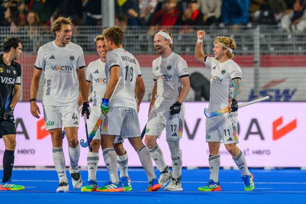 Wavre, 28-08-2026, Belfius Hockey Arena, FIH Hockey World Cup 2026 Men, 2026. Moritz Ludwig, Paul-Philipp Kaufmann, Justus Weigand, Christopher Rühr and Thies Prinz celebrating the goal scored during the game Germany - Argentina (men). Germany - Argentina (men)  x206155261x Copyright:
