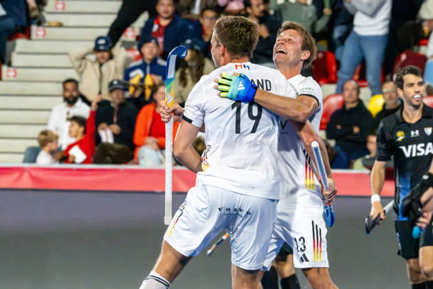 FIH Hockey World Cup 2026 - Men s Semi-Final - Germany v Argentina 2-0 Wavre, Belgien, 28 August 2026: Jubel Justus Weigand, 19, Germany Paul-Philipp Kaufmann, 13, Germany during the men s semi-final between Germany and Argentina at the FIH Hockey World Cup Belgium & Netherlands 2026 at Belfius Hockey Arena in Wavre, Belgium. Photo: Axel Kaste AK Photography. Wavre Belfius Hockey Arena Walloon Brabant Belgium