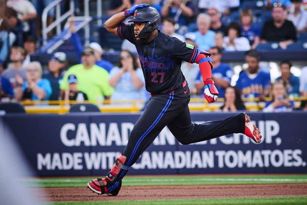 August 28, 2026, Toronto, On, Canada: Toronto Blue Jays Vladimir Guerrero Jr. (27) sprints to second after hitting an RBI double against the Seattle Mariners during first inning MLB, Baseball Herren, USA baseball action in Toronto, on Friday, Aug. 28, 2026. Canada News - August 28, 2026 - ZUMAc35_ 20260828_zaf_c35_065 Copyright: xSammyxKoganx