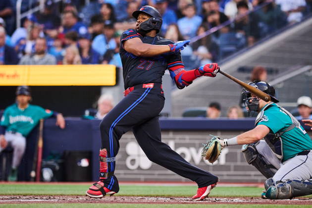 August 28, 2026, Toronto, On, Canada: Toronto Blue Jays Vladimir Guerrero Jr. (27) hits an RBI double against the Seattle Mariners during first inning MLB, Baseball Herren, USA baseball action in Toronto, on Friday, Aug. 28, 2026. Canada News - August 28, 2026 - ZUMAc35_ 20260828_zaf_c35_069 Copyright: xSammyxKoganx