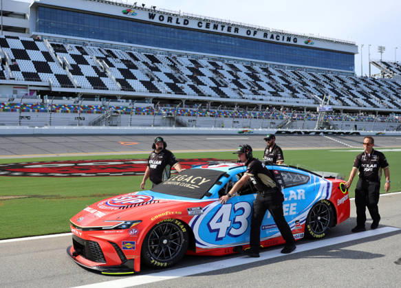 DAYTONA BEACH, FL - AUGUST 28: Erik Jones ( 43 LEGACY MOTOR CLUB Dollar Tree Toyota) is pushed down pit road before qualifying for the NASCAR, Motorsport, USA Cup Series Coke Zero Sugar 400 on August 28, 2026 at Daytona International Speedway in Daytona Beach, FL. (Photo by Michael Bush Icon Sportswire) AUTO: AUG 28 NASCAR Cup Series Coke Zero Sugar 400 EDITORIAL USE ONLY Icon260828016400