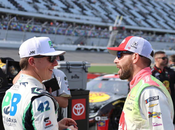 DAYTONA BEACH, FL - AUGUST 28: John Hunter Nemechek ( 42 LEGACY MOTOR CLUB Pye-Barker Fire & Safety Toyota) talks to Ross Chastain ( 1 Trackhouse Racing Wendy s Watermelon Lemonade Chevrolet) on pit road before qualifying for the NASCAR, Motorsport, USA Cup Series Coke Zero Sugar 400 on August 28, 2026 at Daytona International Speedway in Daytona Beach, FL. (Photo by Michael Bush Icon Sportswire) AUTO: AUG 28 NASCAR Cup Series Coke Zero Sugar 400 EDITORIAL USE ONLY Icon260828035400