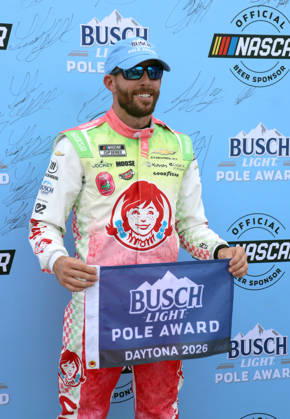 DAYTONA BEACH, FL - AUGUST 28: Ross Chastain ( 1 Trackhouse Racing Wendy s Watermelon Lemonade Chevrolet) celebrates winning the pole for the NASCAR, Motorsport, USA Cup Series Coke Zero Sugar 400 on August 28, 2026 at Daytona International Speedway in Daytona Beach, FL. (Photo by Michael Bush Icon Sportswire) AUTO: AUG 28 NASCAR Cup Series Coke Zero Sugar 400 EDITORIAL USE ONLY Icon260828041400
