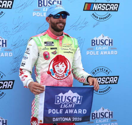 DAYTONA BEACH, FL - AUGUST 28: Ross Chastain ( 1 Trackhouse Racing Wendy s Watermelon Lemonade Chevrolet) celebrates winning the pole for the NASCAR, Motorsport, USA Cup Series Coke Zero Sugar 400 on August 28, 2026 at Daytona International Speedway in Daytona Beach, FL. (Photo by Michael Bush Icon Sportswire) AUTO: AUG 28 NASCAR Cup Series Coke Zero Sugar 400 EDITORIAL USE ONLY Icon260828042400