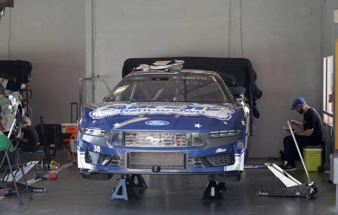 DAYTONA BEACH, FL - AUGUST 28: Zane Smith ( 38 Front Row Motorsports Aaron s Dream Machine Ford) in the garage before qualifying for the NASCAR, Motorsport, USA Cup Series Coke Zero Sugar 400 on August 28, 2026 at Daytona International Speedway in Daytona Beach, FL (Photo by Malcolm Hope Icon Sportswire) AUTO: AUG 28 NASCAR Cup Series Coke Zero Sugar 400 EDITORIAL USE ONLY Icon260828001400