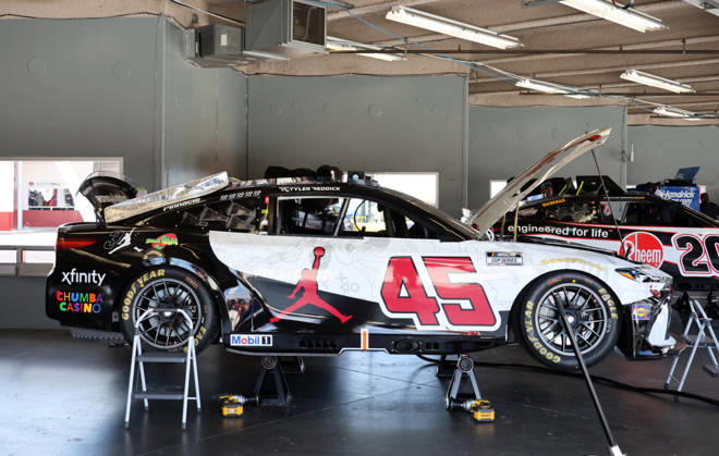 DAYTONA BEACH, FL - AUGUST 28: Tyler Reddick ( 45 23XI Racing Jordan Brand Toyota) car sits in his garage before qualifying for the NASCAR, Motorsport, USA Cup Series Coke Zero Sugar 400 on August 28, 2026 at Daytona International Speedway in Daytona Beach, FL. (Photo by Michael Bush Icon Sportswire) AUTO: AUG 28 NASCAR Cup Series Coke Zero Sugar 400 EDITORIAL USE ONLY Icon260828003