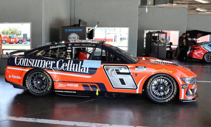 DAYTONA BEACH, FL - AUGUST 28: Brad Keselowski ( 6 RFK Racing Consumer Cellular Ford) car sits in his garage before qualifying for the NASCAR, Motorsport, USA Cup Series Coke Zero Sugar 400 on August 28, 2026 at Daytona International Speedway in Daytona Beach, FL. (Photo by Michael Bush Icon Sportswire) AUTO: AUG 28 NASCAR Cup Series Coke Zero Sugar 400 EDITORIAL USE ONLY Icon260828006