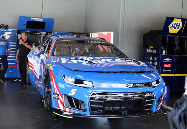 DAYTONA BEACH, FL - AUGUST 28: Kyle Larson ( 5 Hendrick Motorsports HendrickCars.com Chevrolet) car sits in his garage before qualifying for the NASCAR, Motorsport, USA Cup Series Coke Zero Sugar 400 on August 28, 2026 at Daytona International Speedway in Daytona Beach, FL. (Photo by Michael Bush Icon Sportswire) AUTO: AUG 28 NASCAR Cup Series Coke Zero Sugar 400 EDITORIAL USE ONLY Icon260828008
