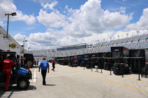 DAYTONA BEACH, FL - AUGUST 28: An overall view of the grandstands from the Cup garages before qualifying for the NASCAR, Motorsport, USA Cup Series Coke Zero Sugar 400 on August 28, 2026 at Daytona International Speedway in Daytona Beach, FL. (Photo by Michael Bush Icon Sportswire) AUTO: AUG 28 NASCAR Cup Series Coke Zero Sugar 400 EDITORIAL USE ONLY Icon260828009