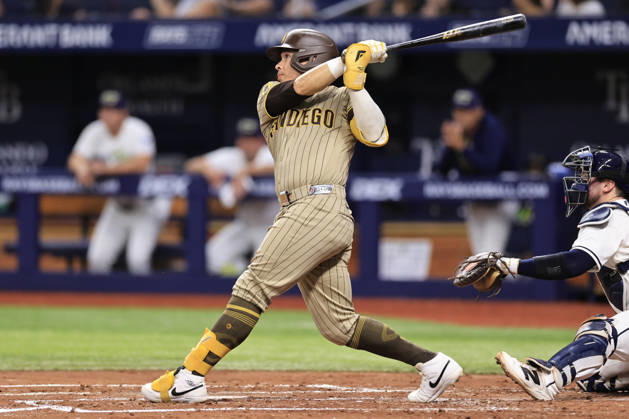 August 28, 2026, St. Petersburg, Florida, USA: San Diego Padres catcher Freddy Fermin (54) flies out to Tampa Bay Rays center fielder Cedric Mullins (31) during an MLB, Baseball Herren, USA game on August 28, 2026 at Tropicana Field. The Rays beat the Padres 9-4. St. Petersburg USA - ZUMAh180 20260828_zsp_h180_019 Copyright: xKimxHukarix