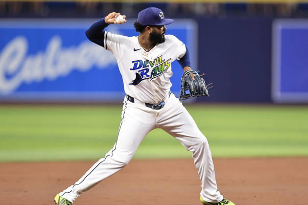 August 28, 2026, St. Petersburg, Florida, USA: Tampa Bay Rays third baseman Junior Caminero (13) fields a ball off the bat of San Diego Padres shortstop Xander Bogaerts (2) and throws him out at first base during an MLB, Baseball Herren, USA game on August 28, 2026 at Tropicana Field. The Rays beat the Padres 9-4. St. Petersburg USA - ZUMAh180 20260828_zsp_h180_022 Copyright: xKimxHukarix
