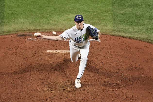 August 28, 2026, St. Petersburg, Florida, USA: Tampa Bay Rays pitcher Kevin Kelly (49) delivers a pitch during an MLB, Baseball Herren, USA game against the San Diego Padres on August 28, 2026 at Tropicana Field. The Rays beat the Padres 9-4. St. Petersburg USA - ZUMAh180 20260828_zsp_h180_029 Copyright: xKimxHukarix