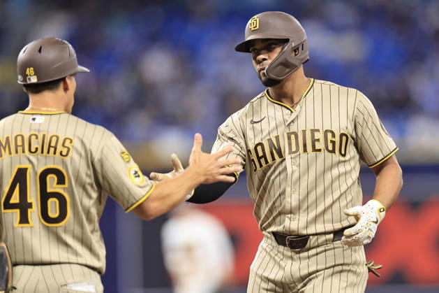 August 28, 2026, St. Petersburg, Florida, USA: San Diego Padres first base coach, outfield & base running instructor David Macias (46) gives shortstop Xander Bogaerts (2) a handshake after he singled to center field during an MLB, Baseball Herren, USA game against the Tampa Bay Rays on August 28, 2026 at Tropicana Field. The Rays beat the Padres 9-4. St. Petersburg USA - ZUMAh180 20260828_zsp_h180_041 Copyright: xKimxHukarix