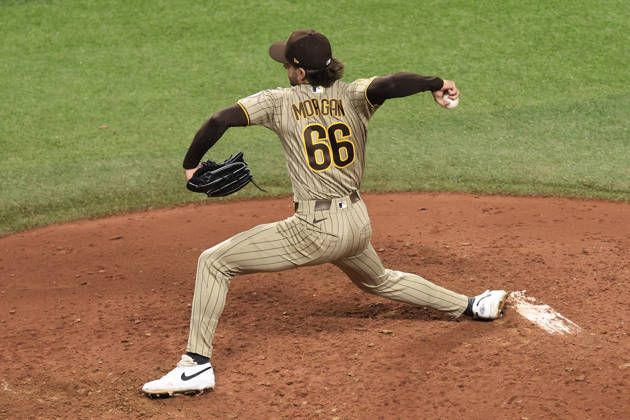 August 28, 2026, St. Petersburg, Florida, USA: San Diego Padres pitcher David Morgan (66) delivers a pitch during an MLB, Baseball Herren, USA game against the Tampa Bay Rays on August 28, 2026 at Tropicana Field. The Rays beat the Padres 9-4. St. Petersburg USA - ZUMAh180 20260828_zsp_h180_085 Copyright: xKimxHukarix