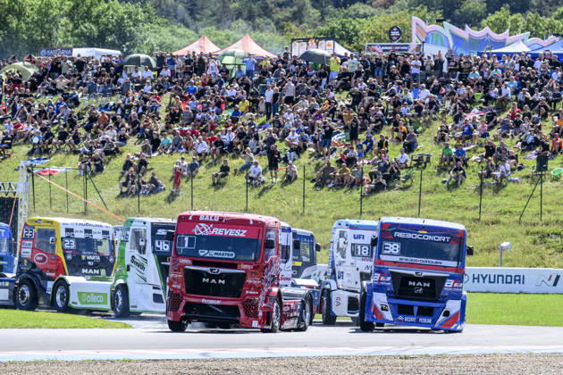 Czech Truck Prix, European circuit truck championship, took place place in Most, Czech Republic, on August 29, 2026. Front from left, Norbert Kiss from Hungary and Jose Eduardo Teixeira Rodrigues from Portugal. (CTKxPhoto OndrejxHajek) CTKPhotoP2026082903387  CTKPhotoP2026082903387