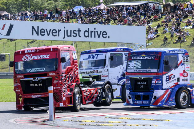 Czech Truck Prix, European circuit truck championship, took place place in Most, Czech Republic, on August 29, 2026. From left, Norbert Kiss from Hungary, Sascha Lenz from Germany and Jose Eduardo Teixeira Rodrigues from Portugal. (CTKxPhoto OndrejxHajek) CTKPhotoP2026082903390  CTKPhotoP2026082903390