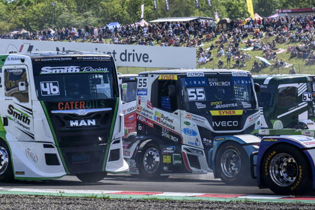 Czech Truck Prix, European circuit truck championship, took place place in Most, Czech Republic, on August 29, 2026. From left, Bradley Smith from Britain and Adam Lacko from Czech Republic on the track of the first race of the first day of competition. (CTKxPhoto OndrejxHajek) CTKPhotoP2026082903401  CTKPhotoP2026082903401