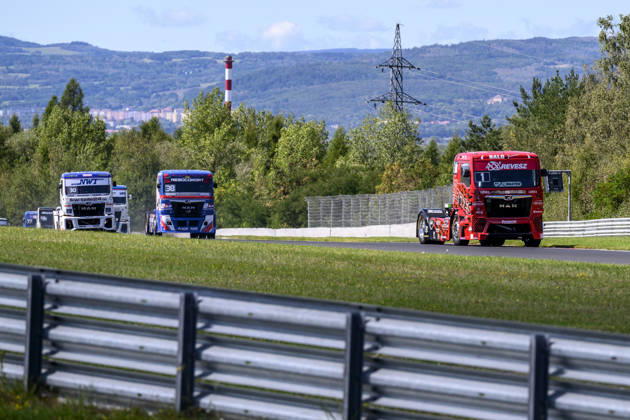 Czech Truck Prix, European circuit truck championship, took place place in Most, Czech Republic, on August 29, 2026. From right, Norbert Kiss from Hungary, Jose Eduardo Teixeira Rodrigues from Portugal and Sascha Lenz from Germany on the track of the first race of the first day of competition. (CTKxPhoto OndrejxHajek) CTKPhotoP2026082903405  CTKPhotoP2026082903405