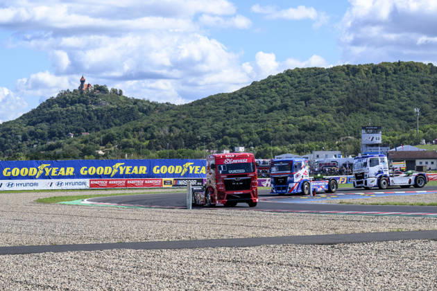 Czech Truck Prix, European circuit truck championship, took place place in Most, Czech Republic, on August 29, 2026. From left, Norbert Kiss from Hungary, Jose Eduardo Teixeira Rodrigues from Portugal and Sascha Lenz from Germany on the track of the first race of the first day of competition. (CTKxPhoto OndrejxHajek) CTKPhotoP2026082903413  CTKPhotoP2026082903413
