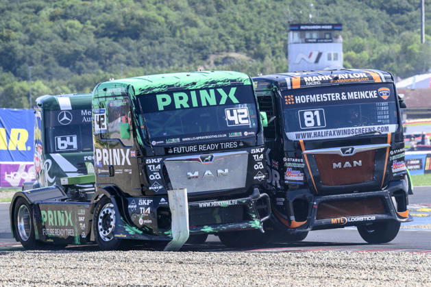 Czech Truck Prix, European circuit truck championship, took place place in Most, Czech Republic, on August 29, 2026. From left, Luke Garrett from Britain and Mark Taylor from Great Britain on the track of the first race of the first day of competition. (CTKxPhoto OndrejxHajek) CTKPhotoP2026082903431  CTKPhotoP2026082903431