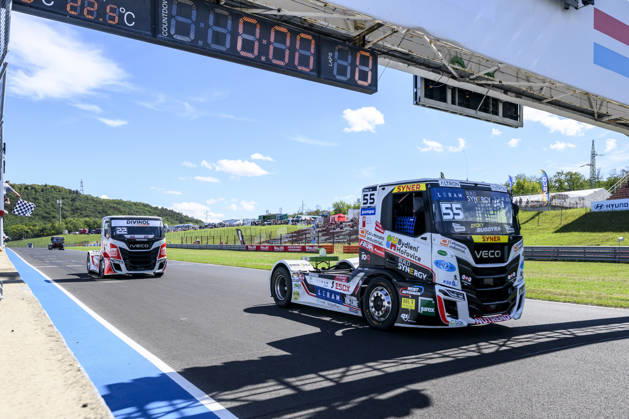 Czech Truck Prix, European circuit truck championship, took place place in Most, Czech Republic, on August 29, 2026. From right, Adam Lacko from the Czech Republic and Lukas Hahn from Germany at the finish line of the first race of the first competition day. (CTKxPhoto OndrejxHajek) CTKPhotoP2026082903440  CTKPhotoP2026082903440