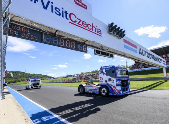 Czech Truck Prix, European circuit truck championship, took place place in Most, Czech Republic, on August 29, 2026. From right, Jose Eduardo Teixeira Rodrigues from Portugal and Sascha Lenz from Germany at the finish line of the first race of the first day of competition. (CTKxPhoto OndrejxHajek) CTKPhotoP2026082903484  CTKPhotoP2026082903484
