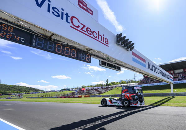 Czech Truck Prix, European circuit truck championship, took place place in Most, Czech Republic, on August 29, 2026. Emma Makinen from Finland at the finish line of the first race of the first day of competition. (CTKxPhoto OndrejxHajek) CTKPhotoP2026082903513  CTKPhotoP2026082903513