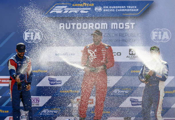 Czech Truck Prix, European circuit truck championship, took place place in Most, Czech Republic, on August 29, 2026. From left, Jose Eduardo Teixeira Rodrigues from Portugal, who jumped second, winner Norbert Kiss from Hungary, and Sascha Lenz from Germany, who finished third in the first race of the first day of competition. (CTKxPhoto OndrejxHajek) CTKPhotoP2026082903497 CTKPhotoP2026082903497