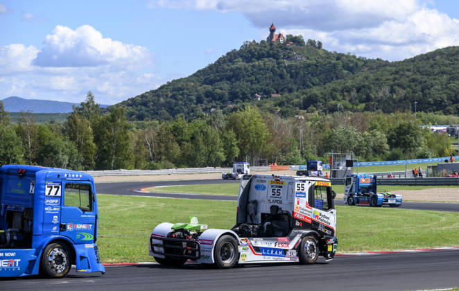 Czech Truck Prix, European circuit truck championship, took place place in Most, Czech Republic, on August 29, 2026. From left, Rene Reinert from Germany and Adam Lacko from the Czech Republic on the track of the first race of the first competition day. (CTKxPhoto OndrejxHajek) CTKPhotoP2026082903525  CTKPhotoP2026082903525