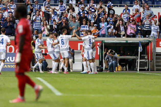 29.08.2026, GER, Fussball, Herren, 3. Liga, Saison 2026 2027, MSV Duisburg - FC Würzburger Kickers Lex-Tyger Lobinger (Duisburg) Torjubel, jubelt mit seiner Mannschaft nach dem Treffer zum 1:0 Duisburg schauinsland-reisen-Arena Nordrhein-Westfalen Deutschland Copyright: xAdrianxSchlüterx