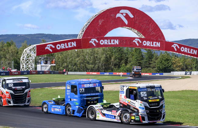 Czech Truck Prix, European circuit truck championship, took place place in Most, Czech Republic, on August 29, 2026. From right, Adam Lacko from the Czech Republic, Rene Reinert from Germany and Lukas Hahn from Germany on the track of the first race of the first competition day. (CTKxPhoto OndrejxHajek) CTKPhotoP2026082903541  CTKPhotoP2026082903541