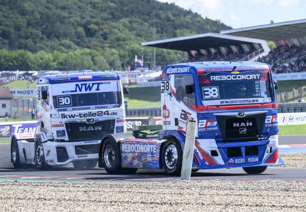 Czech Truck Prix, European circuit truck championship, took place place in Most, Czech Republic, on August 29, 2026. From right, Jose Eduardo Teixeira Rodrigues from Portugal and Sascha Lenz from Germany on the track of the first race of the first day of competition. (CTKxPhoto OndrejxHajek) CTKPhotoP2026082903562  CTKPhotoP2026082903562