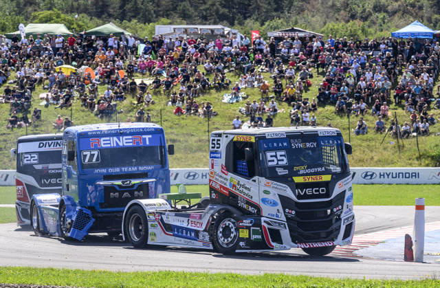 Czech Truck Prix, European circuit truck championship, took place place in Most, Czech Republic, on August 29, 2026. From right, Adam Lacko from the Czech Republic, Rene Reinert from Germany and Lukas Hahn from Germany on the track of the first race of the first competition day. (CTKxPhoto OndrejxHajek) CTKPhotoP2026082903574  CTKPhotoP2026082903574