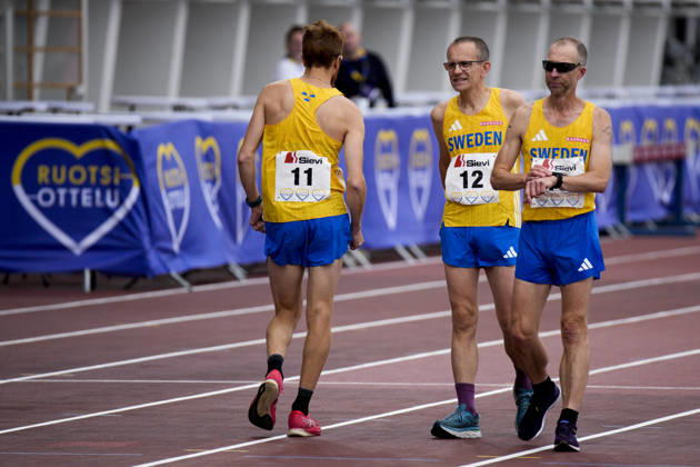260829 Anatole Alm Ibanes, Birger Fält and Christer Svensson of Sweden competes in men™s 10 000m walk during day 1 of the athletics gala Finnkampen on August 29, 2026 in Helsinki. Photo: Kalle Parkkinen BILDBYRAN COP 18 XY0124 friidrott athletics friidrett finnkampen day 1 bbeng dag 1 Copyright: KALLExPARKKINEN BB260829BB463