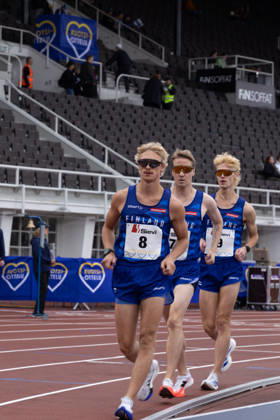 August 29, 2026, Helsinki, Uusimaa, Finland: HELSINKI, FINLAND - AUGUST 29, 2026: JERRY JOKINEN (8), Veli-Matti Partanen (7) and Joni Hava (9) of Finland compete in the men s 10,000m race walk during the Finland-Sweden Athletics international match, Länderspiel, Nationalmannschaft at Helsinki Olympic Stadium. . Helsinki Finland - ZUMAt172 20260829_zip_t172_003 Copyright: xJosexTabaresx