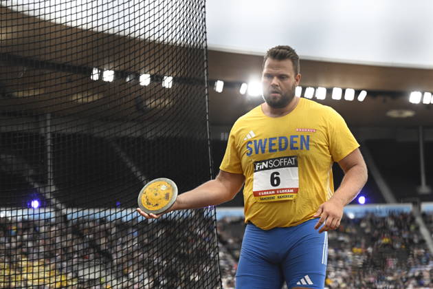 HELSINGFORS, FINLAND 20240829 Sveriges Daniel Stahl under herrarnas diskus under Finnkampen i friidrott mellan Finland och Sverige pa Olympiastadion i Helsingfors. Helsingfors FINLAND x10350x