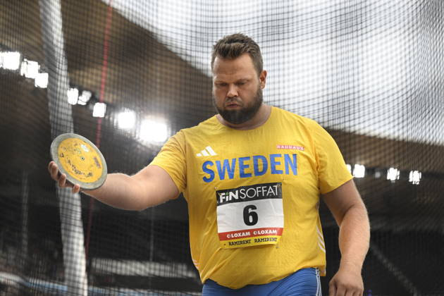 HELSINGFORS, FINLAND 20240829 Sveriges Daniel Stahl under herrarnas diskus under Finnkampen i friidrott mellan Finland och Sverige pa Olympiastadion i Helsingfors. Helsingfors FINLAND x10350x