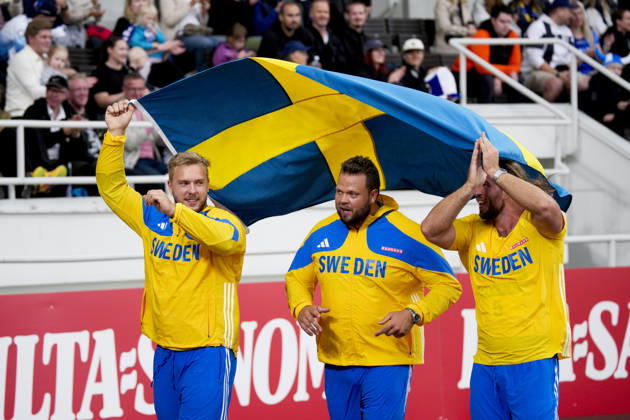260829 Jesper Ahlin, Daniel Stahl and Wictor Petersson of Sweden after men™s discus throw during day 1 of the athletics gala Finnkampen on August 29, 2026 in Helsinki. Photo: Kalle Parkkinen BILDBYRAN COP 18 XY0124 friidrott athletics friidrett finnkampen day 1 bbeng dag 1 Copyright: KALLExPARKKINEN BB260829BB830