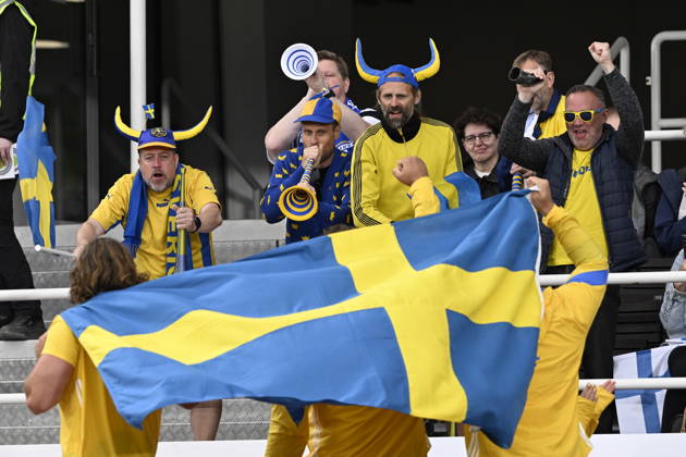 HELSINGFORS, FINLAND 20240829 Svenska fans jublar med Jesper Ahlin, Daniel Stahl och Wictor Petersson efter herrarnas diskus under Finnkampen i friidrott mellan Finland och Sverige pa Olympiastadion i Helsingfors. Helsingfors FINLAND x10350x