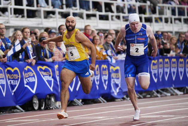 260829 Jean-Christian Zirignon of Sweden and Samuel Purl of Finland competes in men™s 100m during day 1 of the athletics gala Finnkampen on August 29, 2026 in Helsinki. Photo: Kalle Parkkinen BILDBYRAN COP 18 XY0124 friidrott athletics friidrett finnkampen day 1 bbeng dag 1 Copyright: KALLExPARKKINEN BB260829ZW001