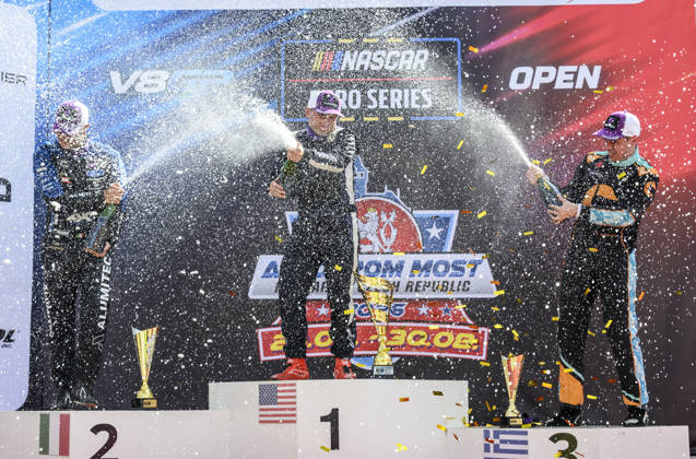 NASCAR, Motorsport, USA Euro Series, category EuroNASCAR V8GP, took place in Most, Czech Republic, on August 29, 2026. From left: Gianmarco Ercoli from Italy of the ALUMITEC Racing team, who finished second, winner Jordan O Brien from the USA of the Hendriks Motorsports team and Thomas Krasonis from Greece of the PK Carsport team. (CTKxPhoto OndrejxHajek) CTKPhotoP2026082904058  CTKPhotoP2026082904058
