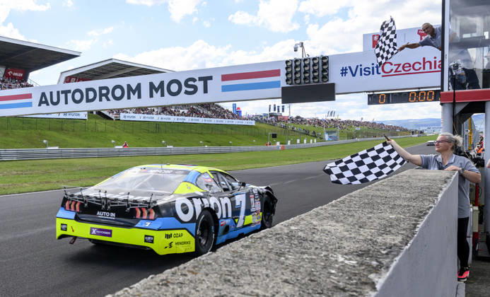 NASCAR, Motorsport, USA Euro Series, category EuroNASCAR V8GP, took place in Most, Czech Republic, on August 29, 2026. Martin Doubek from the Czech Republic of the Hendriks Motorsports team at the finish line. (CTKxPhoto OndrejxHajek) CTKPhotoP2026082904065  CTKPhotoP2026082904065