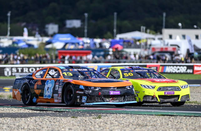 NASCAR, Motorsport, USA Euro Series, category EuroNASCAR V8GP, took place in Most, Czech Republic, on August 29, 2026. From left, Thomas Krasonis from Greece of the PK Carsport team and Jordan O Brien from the USA of the Hendriks Motorsports team. (CTKxPhoto OndrejxHajek) CTKPhotoP2026082904105  CTKPhotoP2026082904105