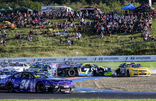 NASCAR, Motorsport, USA Euro Series, category EuroNASCAR Open, took place in Most, Czech Republic, on August 29, 2026. From left: Thomas Toffel from Switzerland of the THT by RaceArt Technology team, Jens Beeusaert from Belgium of the Club Competition team, Martin Doubek from the Czech Republic of the Hendriks Motorsports team and Claudio Cappelli from Italy of the CAAL Racing team. (CTKxPhoto OndrejxHajek) CTKPhotoP2026082904823  CTKPhotoP2026082904823