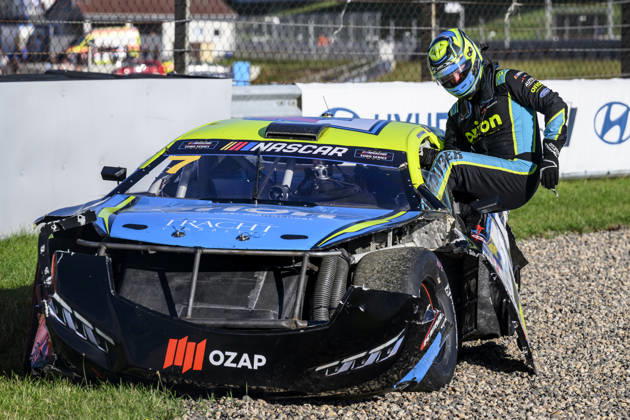 NASCAR, Motorsport, USA Euro Series, category EuroNASCAR Open, took place in Most, Czech Republic, on August 29, 2026. Martin Doubek from the Czech Republic, of the Hendriks Motorsports team, gets out of his broken car. (CTKxPhoto OndrejxHajek) CTKPhotoP2026082904892  CTKPhotoP2026082904892