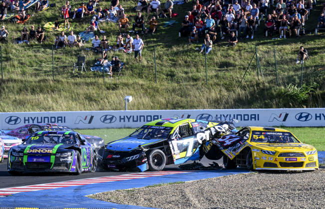 NASCAR, Motorsport, USA Euro Series, category EuroNASCAR Open, took place in Most, Czech Republic, on August 29, 2026. From left: Jens Beeusaert from Belgium of the Club Competition team, Martin Doubek from the Czech Republic of the Hendriks Motorsports team and Claudio Cappelli from Italy of the CAAL Racing team. (CTKxPhoto OndrejxHajek) CTKPhotoP2026082904810  CTKPhotoP2026082904810