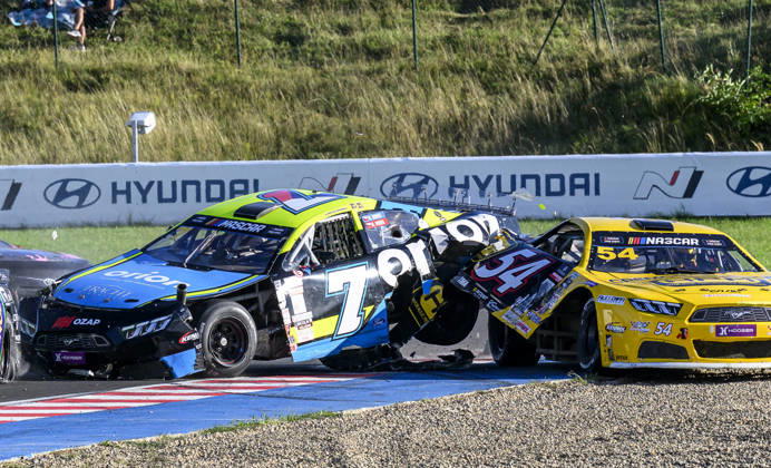 NASCAR, Motorsport, USA Euro Series, category EuroNASCAR Open, took place in Most, Czech Republic, on August 29, 2026. From left, Martin Doubek from the Czech Republic of the Hendriks Motorsports team and Claudio Cappelli from Italy of the CAAL Racing team. (CTKxPhoto OndrejxHajek) CTKPhotoP2026082904821  CTKPhotoP2026082904821