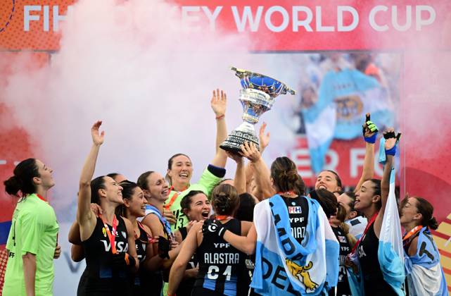RECORD DATE NOT STATED Argentina s player, winner of the gold medal celebrates on the podium of the podium ceremony at the women s 2026 Hockey World Cup, on Saturday 29 August 2026 in Amsterdam, The Netherlands. The 2026 edition of the Hockey World Cup takes place in Belgium and The Netherlands from August 15 to August 30. The Red Panthers have won their first World Cup medal since 1978. DIRKxWAEM  x184668284x